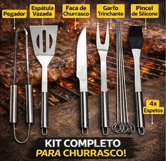 Kit Churrasco Inox Profissional Com Estojo Conjunto Completo 6 peças