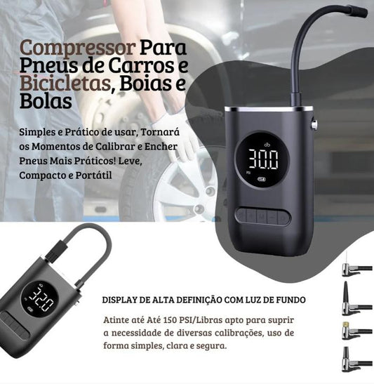 Bomba De Encher Pneu De Carro Bike Moto Eletrica Portátil Cor Preto