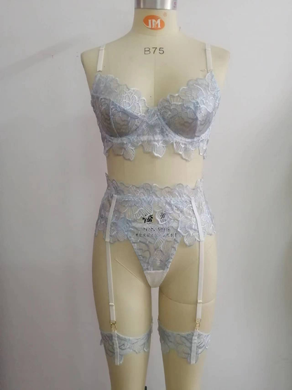 Conjunto de Lingerie Feminina: Sutiã Push-Up de Renda e Tule com Calcinha Fio-Dental