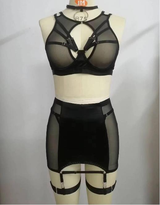 Conjunto de Lingerie Feminina de 2 Peças com Tiras e Recortes (Sutiã e Calcinha)