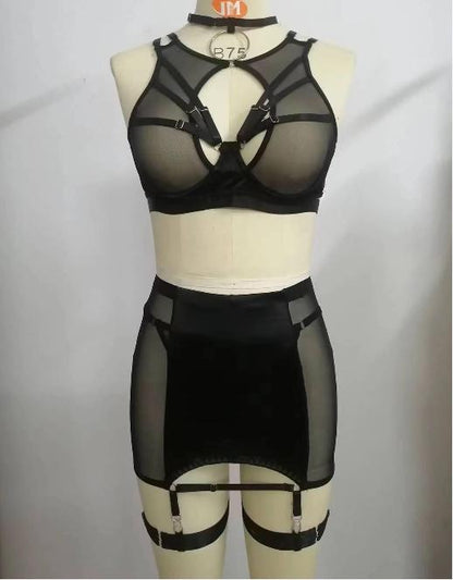 Conjunto de Lingerie Feminina de 2 Peças com Tiras e Recortes (Sutiã e Calcinha)