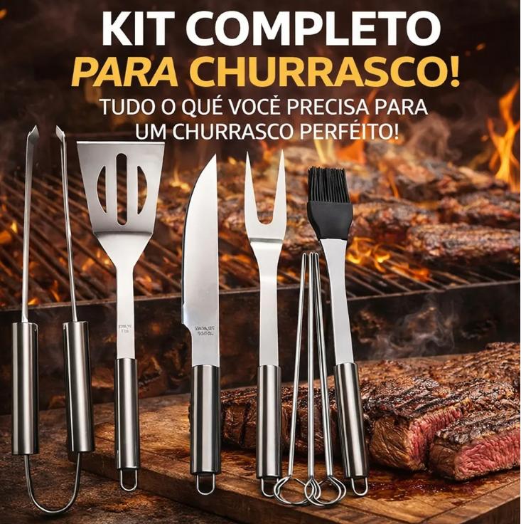 Kit Churrasco Inox Profissional Com Estojo Conjunto Completo 6 peças