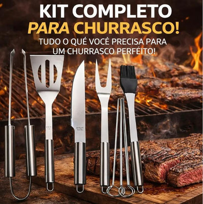 Kit Churrasco Inox Profissional Com Estojo Conjunto Completo 6 peças