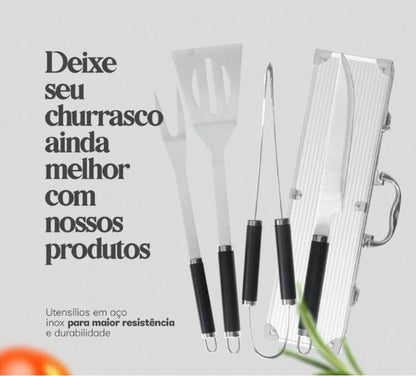 Kit Churrasco Inox Profissional Com Estojo Conjunto Completo 6 peças
